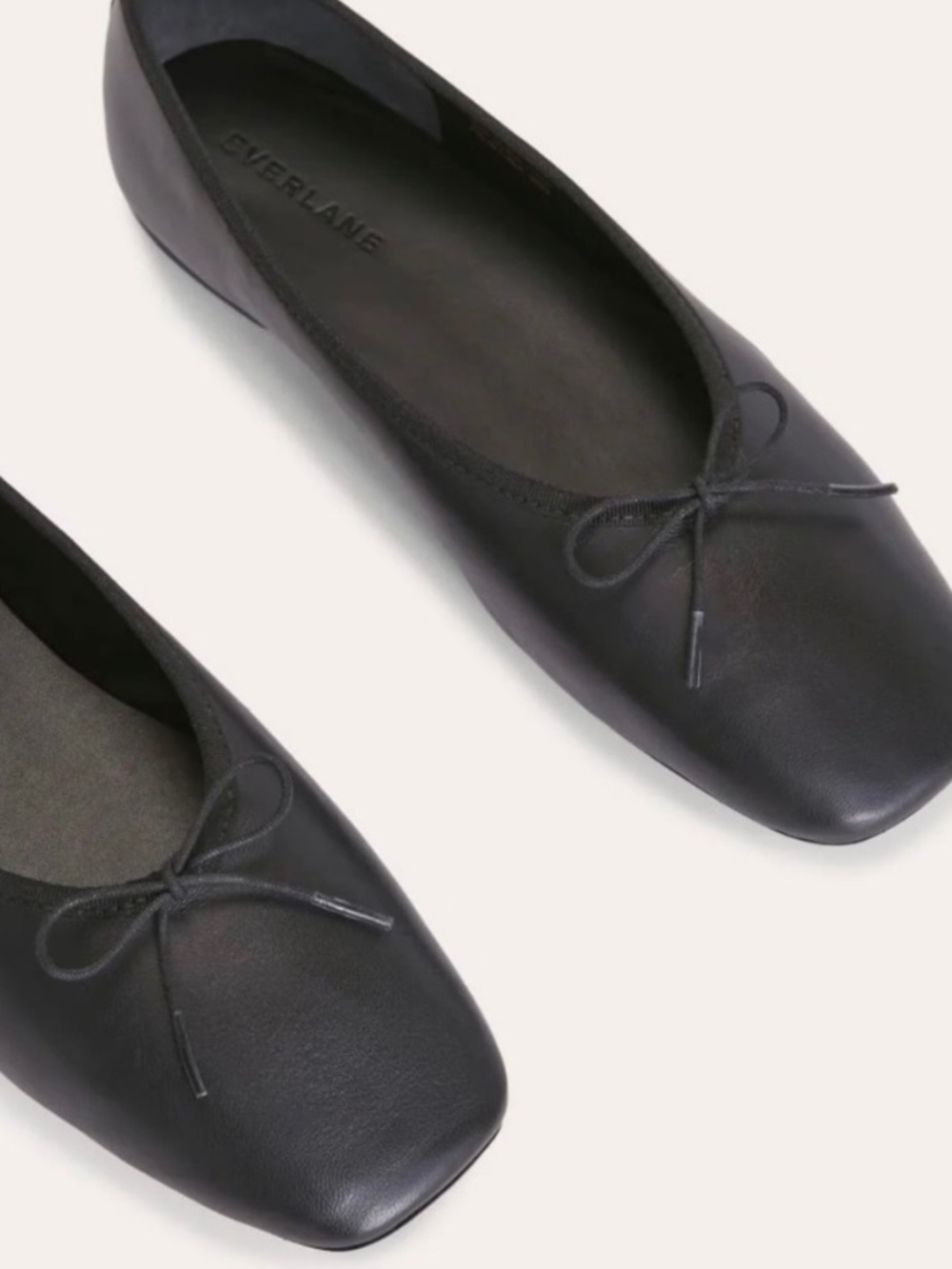 Everlane New Ballet Flat Black Leather Bow Square Toe Size 7.5 / 38 EU
